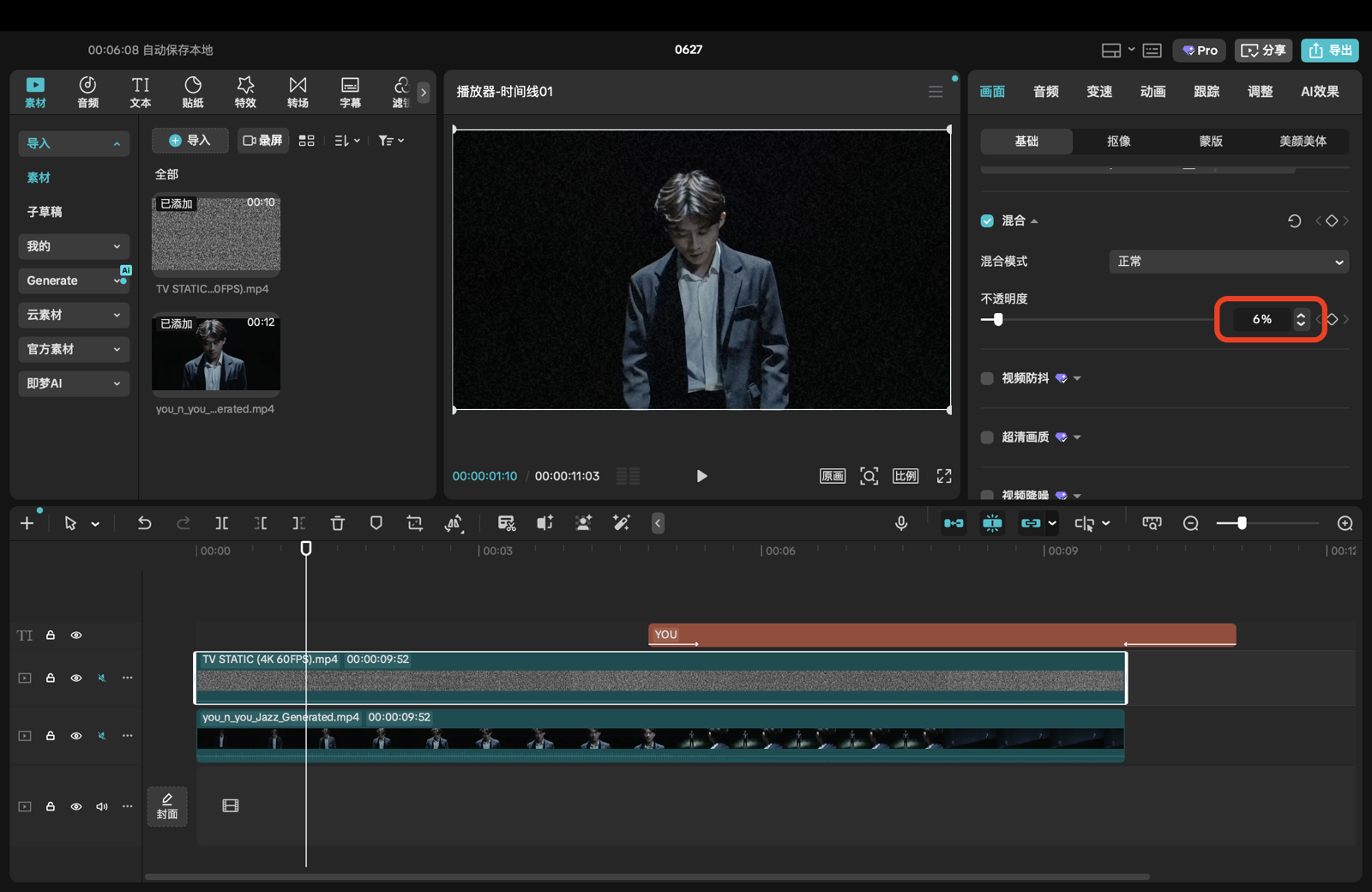CapCut Pro timeline showing the static grain overlay above the footage with opacity set to 6 percent
